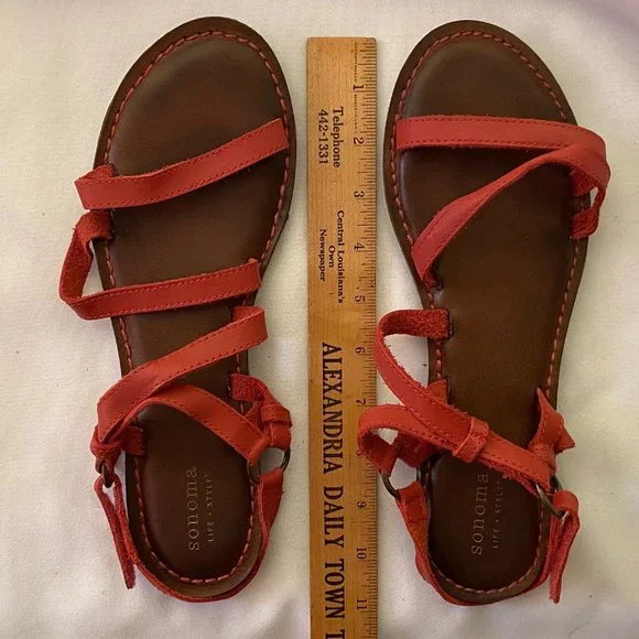 Leather Strap Flat Sandals in Coral - Size 10 - Picture 3 of 5
